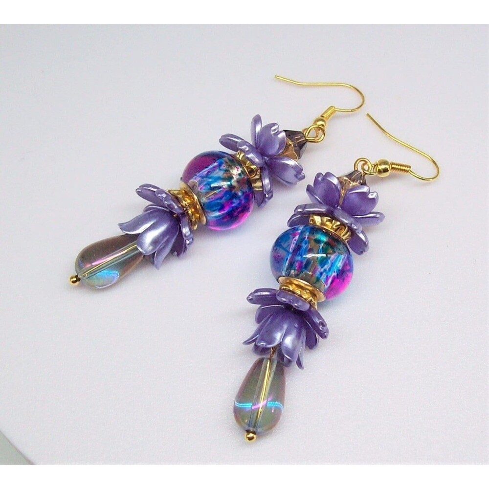 Purple Lampwork Dangle Earrings, Gold, Handmade Jewelry,